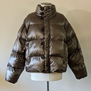 Mother THE Buttoned Up Puffer Jacket Coat Cropped Funnel Neck Luster M NWOT